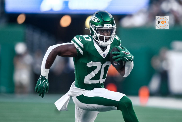 Aug 14, 2026; East Rutherford, New Jersey, USA; New York Jets running back Breece Hall (20) carries the ball against the Tampa Bay Buccaneers during the first half at MetLife Stadium. Credit: John Jones-Imagn Images