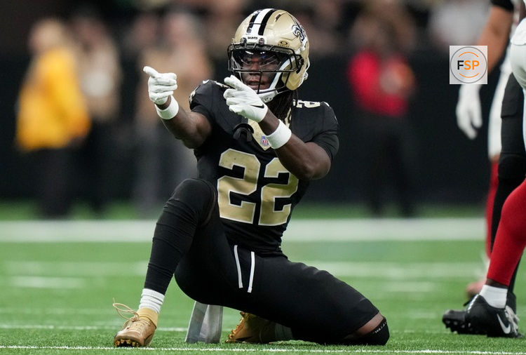 Oct 5, 2025; New Orleans, Louisiana, USA; New Orleans Saints wide receiver Rashid Shaheed (22) celebrates after a play against the New York Giants during the fourth quarter at Caesars Superdome. Credit: Matthew Hinton-Imagn Images