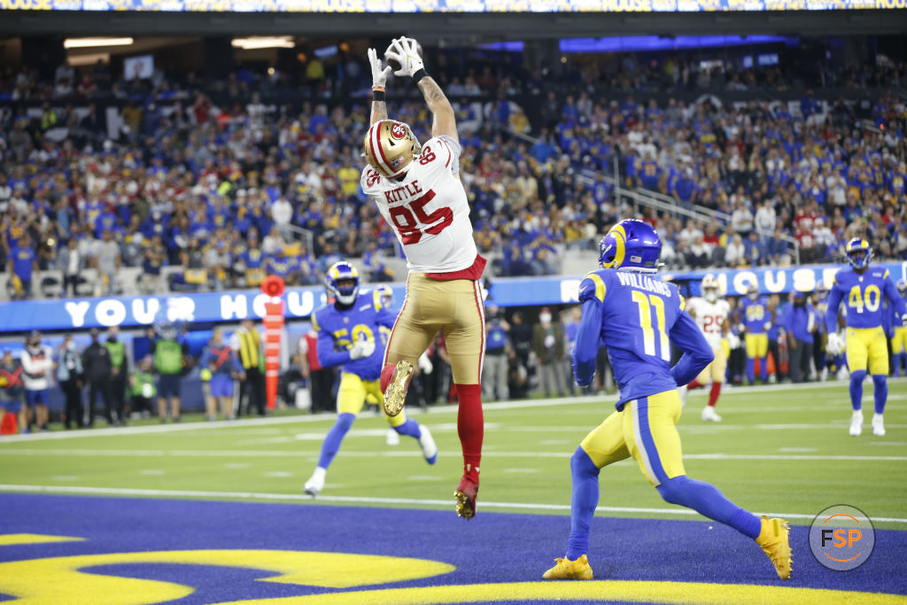 INGLEWOOD, CA - JANUARY 30: George Kittle #85 of the San Francisco 49ers makes a 16-yard touchdown catch  during the game against the Los Angeles Rams at SoFi Stadium on January 30, 2022 in Inglewood, California. The Rams defeated the 49ers 20-17. (Photo by Michael Zagaris/San Francisco 49ers/Getty Images)  *** Local Caption *** George Kittle