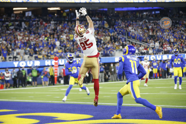 INGLEWOOD, CA - JANUARY 30: George Kittle #85 of the San Francisco 49ers makes a 16-yard touchdown catch  during the game against the Los Angeles Rams at SoFi Stadium on January 30, 2022 in Inglewood, California. The Rams defeated the 49ers 20-17. (Photo by Michael Zagaris/San Francisco 49ers/Getty Images)  *** Local Caption *** George Kittle