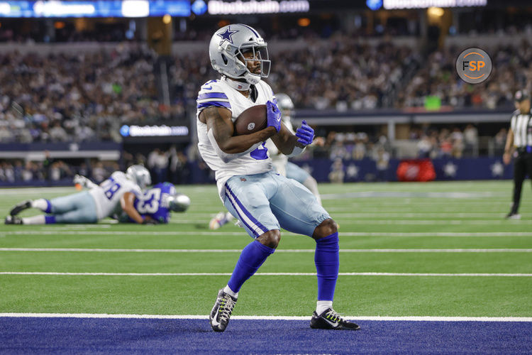 ARLINGTON, TX - NOVEMBER 30: Dallas Cowboys wide receiver Brandin Cooks (3) scores a touchdown during the game between the Dallas Cowboys and the Seattle Seahawks on November 30, 2023 at AT&T Stadium in Arlington, Texas. (Photo by Matthew Pearce/Icon Sportswire)