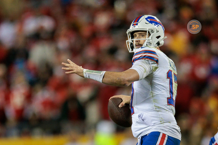 KANSAS CITY, MO - DECEMBER 10: Buffalo Bills quarterback Josh Allen (17) looks to pass against the Kansas City Chiefs on December 10th at Arrowhead Stadium in Kansas City, Missouri. (Photo by William Purnell/Icon Sportswire)