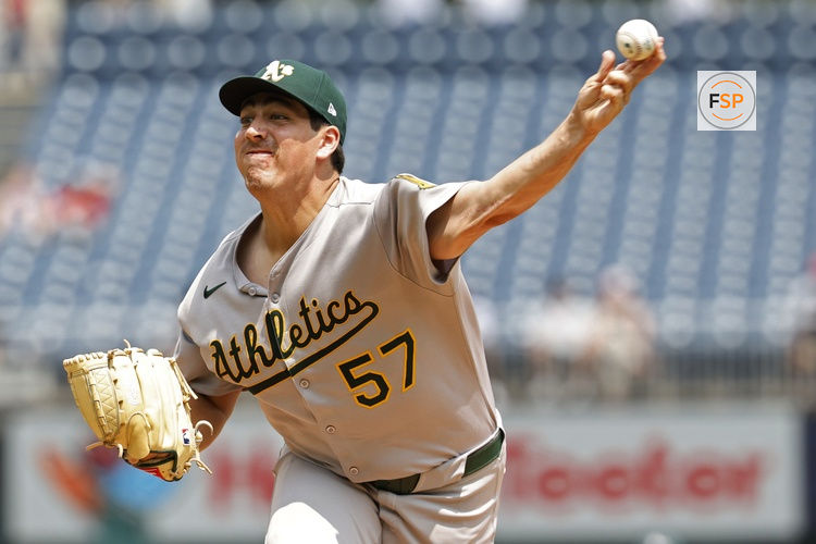 Aug 7, 2025; Washington, District of Columbia, USA; Athletics starting pitcher Jacob Lopez (57) pitches Washington Nationals during the second inning at Nationals Park. Credit: Geoff Burke-Imagn Images