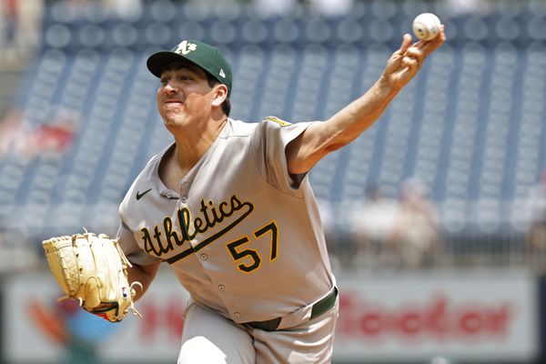 Aug 7, 2025; Washington, District of Columbia, USA; Athletics starting pitcher Jacob Lopez (57) pitches Washington Nationals during the second inning at Nationals Park. Mandatory Credit: Geoff Burke-Imagn Images