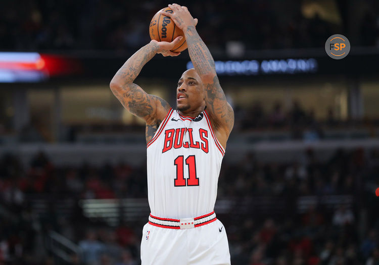 CHICAGO, IL - FEBRUARY 06: DeMar DeRozan #11 of the Chicago Bulls shoots a 3-point basket during the first half against the Minnesota Timberwolves at the United Center on February 6, 2024 in Chicago, Illinois. (Photo by Melissa Tamez/Icon Sportswire)