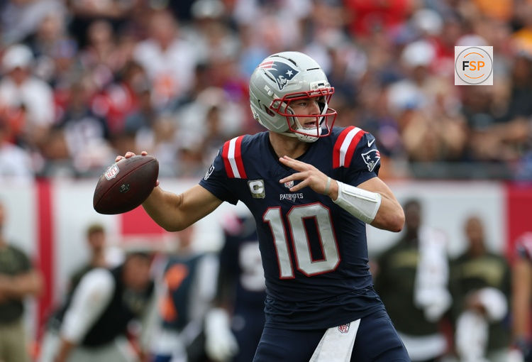 Nov 9, 2025; Tampa, Florida, USA; New England Patriots quarterback Drake Maye (10) throws downfield during the second quarter against the Tampa Bay Buccaneers at Raymond James Stadium. Credit: Nathan Ray Seebeck-Imagn Images