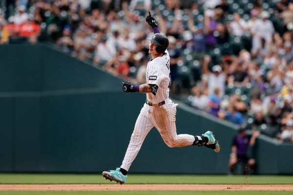 Aug 2, 2025; Denver, Colorado, USA; Colorado Rockies left fielder Jordan Beck (27) gestures as he rounds the bases on a three run home run in the sixth inning against the Pittsburgh Pirates at Coors Field. Mandatory Credit: Isaiah J. Downing-Imagn Images