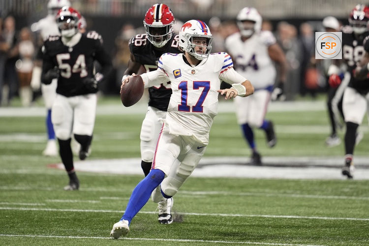 Oct 13, 2025; Atlanta, Georgia, USA; Buffalo Bills quarterback Josh Allen (17) carries the ball against the Atlanta Falcons during the second half of a game at Mercedes-Benz Stadium. Credit: Dale Zanine-Imagn Images