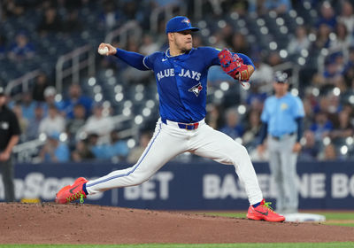 May 13, 2025; Toronto, Ontario, CAN; Toronto Blue Jays starting pitcher Jose Berrios (17) throws a pitch against the Tampa Bay Rays during the first inning at Rogers Centre. Mandatory Credit: Nick Turchiaro-Imagn Images