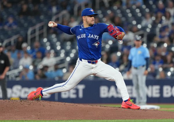May 13, 2025; Toronto, Ontario, CAN; Toronto Blue Jays starting pitcher Jose Berrios (17) throws a pitch against the Tampa Bay Rays during the first inning at Rogers Centre. Mandatory Credit: Nick Turchiaro-Imagn Images