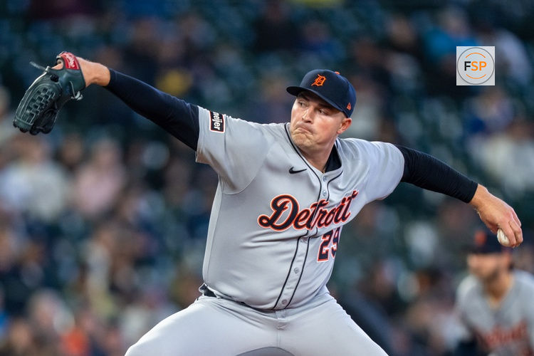 Apr 2, 2025; Seattle, Washington, USA;  Detroit Tigers starter Tarik Skubal (29) delivers a pitch during the fourth inning against the Seattle Mariners at T-Mobile Park. Credit: Stephen Brashear-Imagn Images