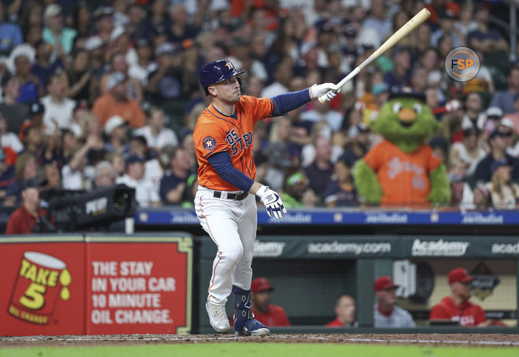 Sep 20, 2024; Houston, Texas, USA; Houston Astros third baseman Alex Bregman (2) hits a home run during the third inning against the Los Angeles Angels at Minute Maid Park. Credit: Troy Taormina-Imagn Images