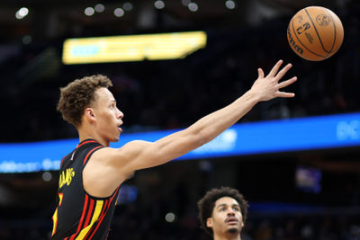 Feb 8, 2025; Washington, District of Columbia, USA; Atlanta Hawks guard Dyson Daniels (5) takes a shot during the first half against the Washington Wizards at Capital One Arena. Mandatory Credit: Daniel Kucin Jr.-Imagn Images