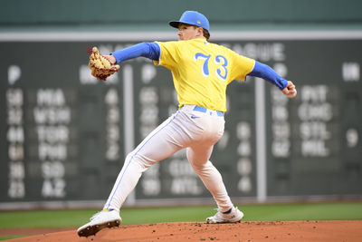 Jun 14, 2025; Boston, Massachusetts, USA;  Boston Red Sox starting pitcher Hunter Dobbins (73) pitches during the first inning against the New York Yankees at Fenway Park. Mandatory Credit: Bob DeChiara-Imagn Images