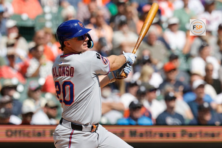Sep 3, 2025; Detroit, Michigan, USA;  New York Mets player Pete Alonso (20) hits an RBI double in the third inning against the Detroit Tigers at Comerica Park. Credit: Rick Osentoski-Imagn Images