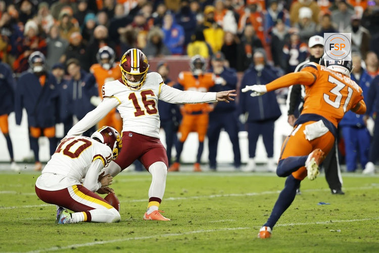 Nov 30, 2025; Landover, Maryland, USA; Washington Commanders kicker Jake Moody (16) kicks the game tying field goal in the final seconds in the fourth quarter at Northwest Stadium. Credit: Geoff Burke-Imagn Images