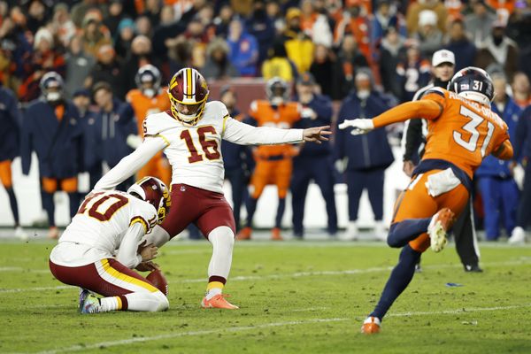 Nov 30, 2025; Landover, Maryland, USA; Washington Commanders kicker Jake Moody (16) kicks the game tying field goal in the final seconds in the fourth quarter at Northwest Stadium. Mandatory Credit: Geoff Burke-Imagn Images