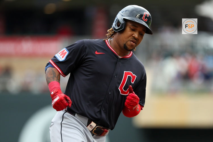 Sep 20, 2025; Minneapolis, Minnesota, USA; Cleveland Guardians designated hitter Jose Ramirez (11) runs the bases after hitting a solo home run against the Minnesota Twins during the first inning of game one of a double header at Target Field. Credit: Matt Krohn-Imagn Images