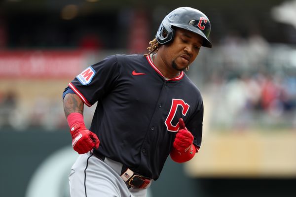 Sep 20, 2025; Minneapolis, Minnesota, USA; Cleveland Guardians designated hitter Jose Ramirez (11) runs the bases after hitting a solo home run against the Minnesota Twins during the first inning of game one of a double header at Target Field. Mandatory Credit: Matt Krohn-Imagn Images