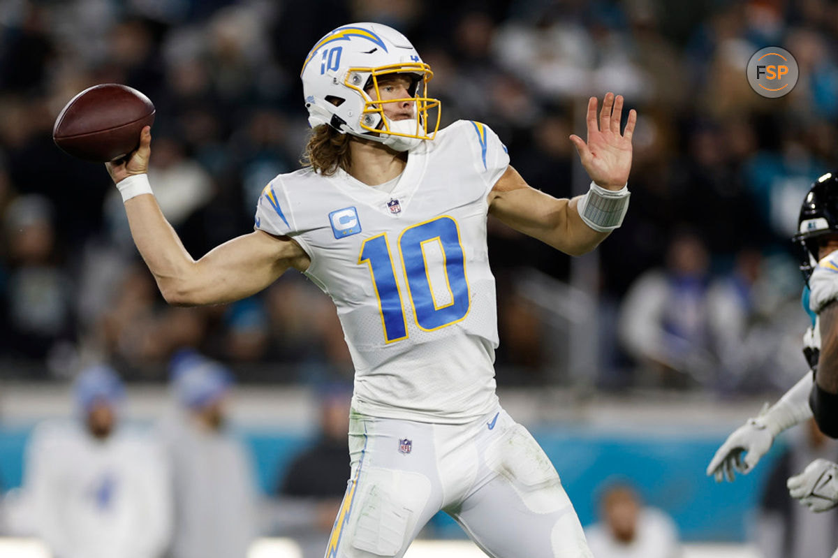 JACKSONVILLE, FL - JANUARY 14: Los Angeles Chargers quarterback Justin Herbert (10) throws a pass during the game between the Los Angeles Chargers and the Jacksonville Jaguars on January 14, 2023 at TIAA Bank Field in Jacksonville, Fl. (Photo by David Rosenblum/Icon Sportswire)