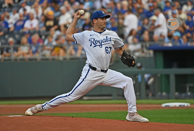 Jul 27, 2024; Kansas City, Missouri, USA;  Kansas City Royals starting pitcher Seth Lugo (67) delivers a pitch in the first inning against the Chicago Cubs at Kauffman Stadium. Mandatory Credit: Peter Aiken-USA TODAY Sports