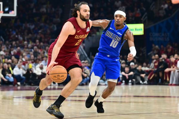 Mar 15, 2026; Cleveland, Ohio, USA; Cleveland Cavaliers guard Max Strus (2) drives to the basket against Dallas Mavericks guard Brandon Williams (10) during the second half at Rocket Arena. Mandatory Credit: Ken Blaze-Imagn Images