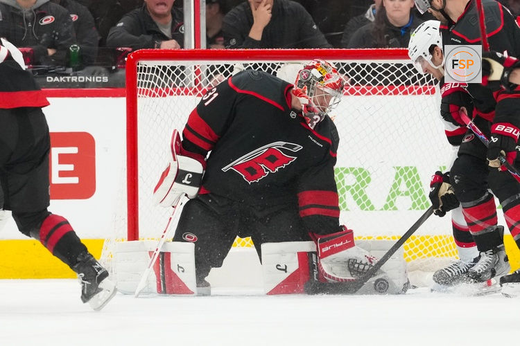 Apr 18, 2026; Raleigh, North Carolina, USA; Carolina Hurricanes goaltender Frederik Andersen (31) stops the shot against the Ottawa Senators during the third period in game one of the first round of the 2026 Stanley Cup Playoffs at Lenovo Center. Credit: James Guillory-Imagn Images