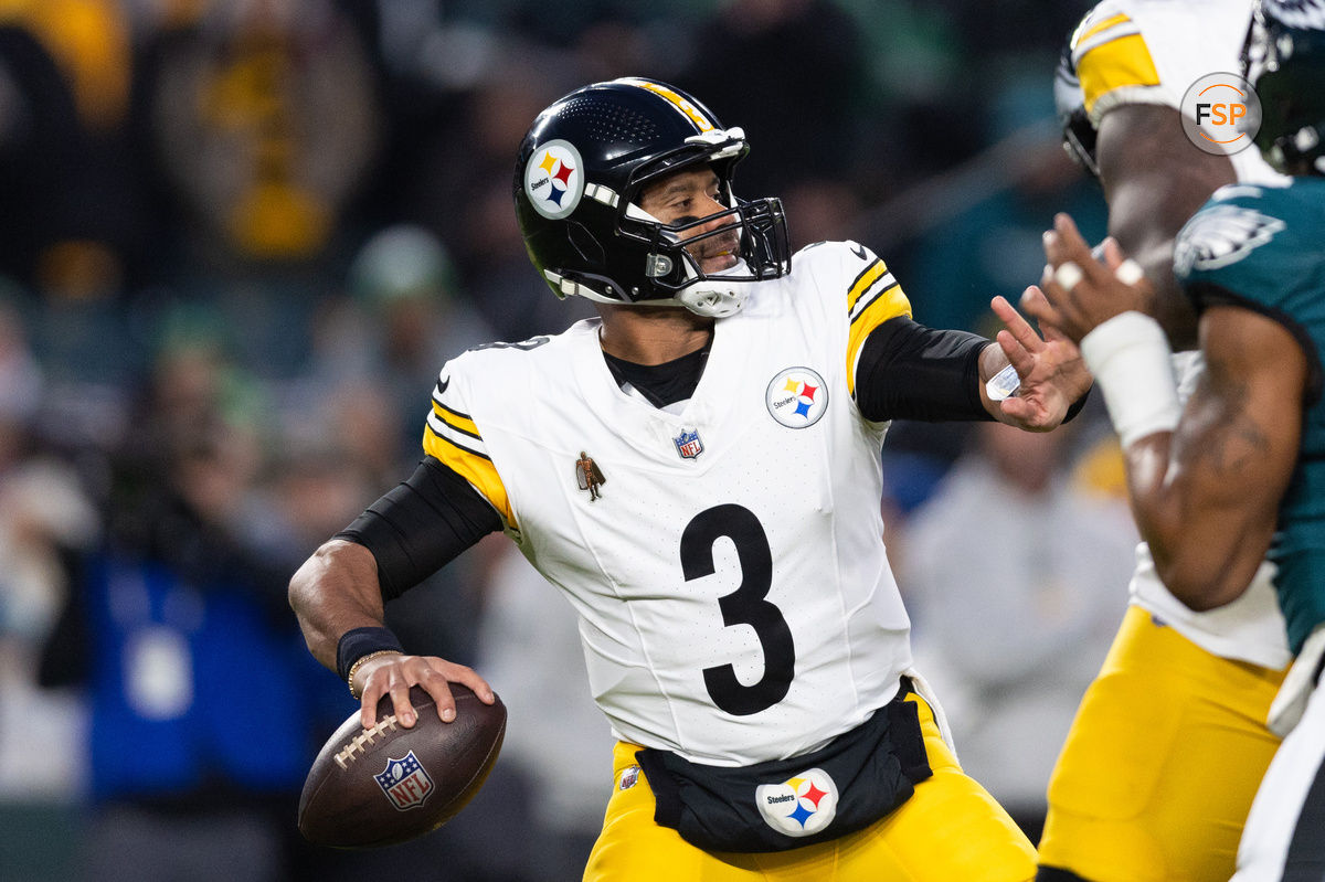 Dec 15, 2024; Philadelphia, Pennsylvania, USA; Pittsburgh Steelers quarterback Russell Wilson (3) throws the ball against the Philadelphia Eagles during the first quarter at Lincoln Financial Field. Credit: Bill Streicher-Imagn Images