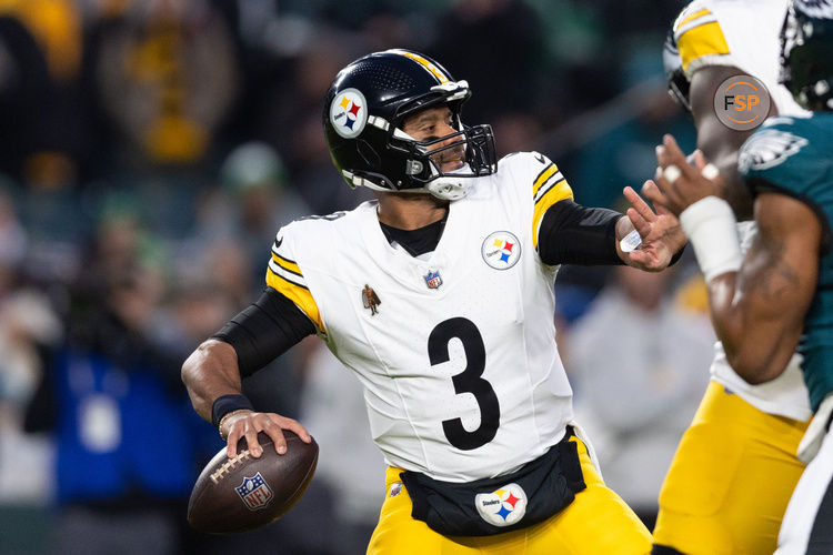 Dec 15, 2024; Philadelphia, Pennsylvania, USA; Pittsburgh Steelers quarterback Russell Wilson (3) throws the ball against the Philadelphia Eagles during the first quarter at Lincoln Financial Field. Credit: Bill Streicher-Imagn Images