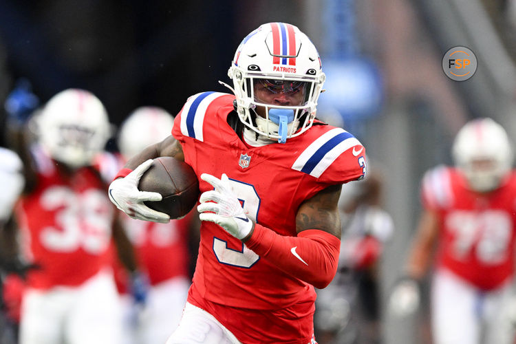 Oct 13, 2024; Foxborough, Massachusetts, USA; New England Patriots wide receiver DeMario Douglas (3) runs for a touchdown against the Houston Texans during the first half at Gillette Stadium. Credit: Brian Fluharty-Imagn Images