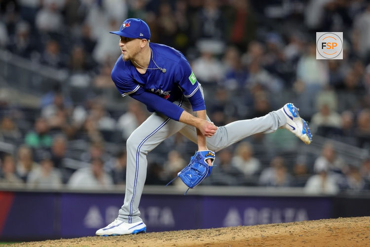 Apr 25, 2025; Bronx, New York, USA; Toronto Blue Jays relief pitcher Jeff Hoffman (23) follows through on a pitch against the New York Yankees during the ninth inning at Yankee Stadium. Credit: Brad Penner-Imagn Images