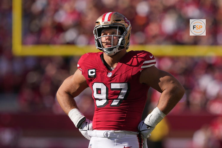Oct 6, 2024; Santa Clara, California, USA; San Francisco 49ers defensive end Nick Bosa (97) during the fourth quarter against the Arizona Cardinals at Levi's Stadium. Credit: Darren Yamashita-Imagn Images