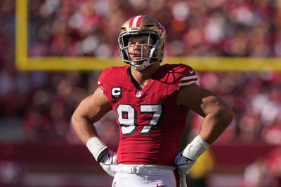 Oct 6, 2024; Santa Clara, California, USA; San Francisco 49ers defensive end Nick Bosa (97) during the fourth quarter against the Arizona Cardinals at Levi's Stadium. Mandatory Credit: Darren Yamashita-Imagn Images