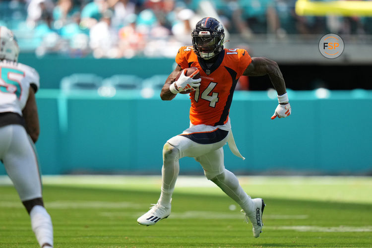 MIAMI GARDENS, FL - SEPTEMBER 24: Denver Broncos wide receiver Courtland Sutton (14) runs after a catch during the game between the Denver Broncos and the Miami Dolphins on Sunday, September 24, 2023 at Hard Rock Stadium, Miami, Fla. (Photo by Peter Joneleit/Icon Sportswire)