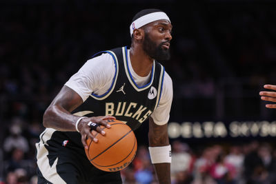 Feb 7, 2025; Atlanta, Georgia, USA; Milwaukee Bucks forward Bobby Portis (9) dribbles against the Atlanta Hawks in the first quarter at State Farm Arena. Mandatory Credit: Brett Davis-Imagn Images