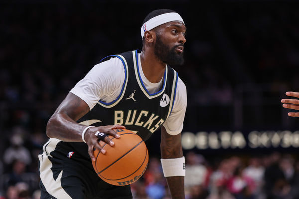 Feb 7, 2025; Atlanta, Georgia, USA; Milwaukee Bucks forward Bobby Portis (9) dribbles against the Atlanta Hawks in the first quarter at State Farm Arena. Mandatory Credit: Brett Davis-Imagn Images