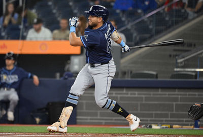 May 14, 2025; Toronto, Ontario, CAN;  Tampa Bay Rays first baseman Jonathan Aranda (62) hits a single against the Toronto Blue Jays in the first inning at Rogers Centre. Mandatory Credit: Dan Hamilton-Imagn Images