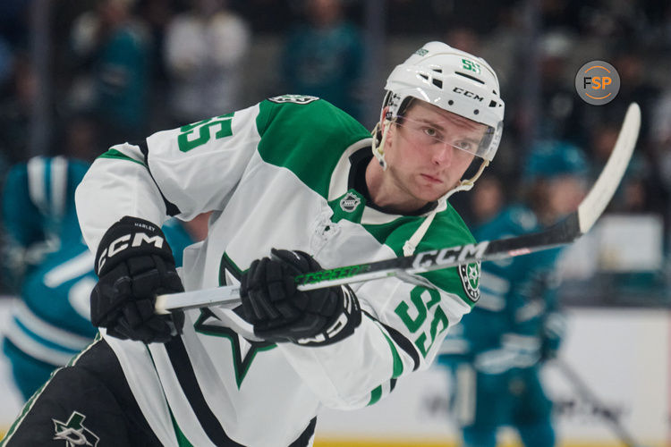 Feb 8, 2025; San Jose, California, USA; Dallas Stars defenseman Thomas Harley (55) warms up before the game against the San Jose Sharks at SAP Center at San Jose. Credit: Robert Edwards-Imagn Images