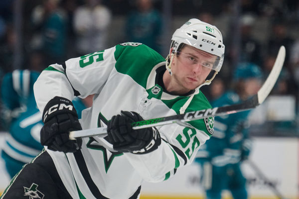 Feb 8, 2025; San Jose, California, USA; Dallas Stars defenseman Thomas Harley (55) warms up before the game against the San Jose Sharks at SAP Center at San Jose. Mandatory Credit: Robert Edwards-Imagn Images