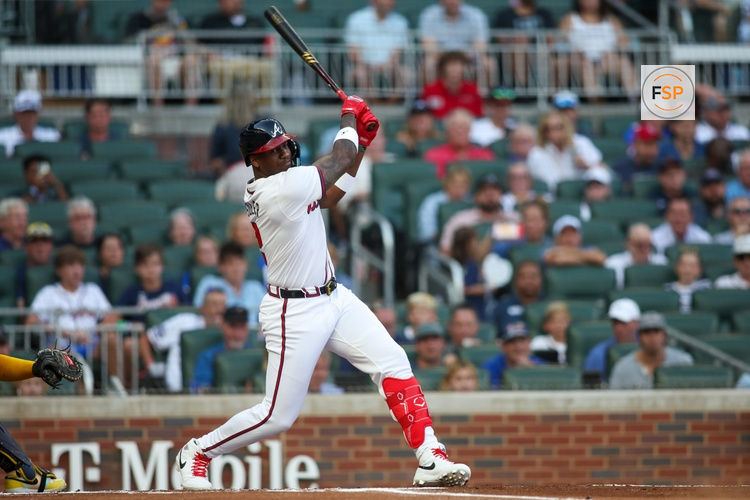 Aug 7, 2024; Atlanta, Georgia, USA; Atlanta Braves designated hitter Jorge Soler (2) hits a double against the Milwaukee Brewers in the first inning at Truist Park. Credit: Brett Davis-USA TODAY Sports
