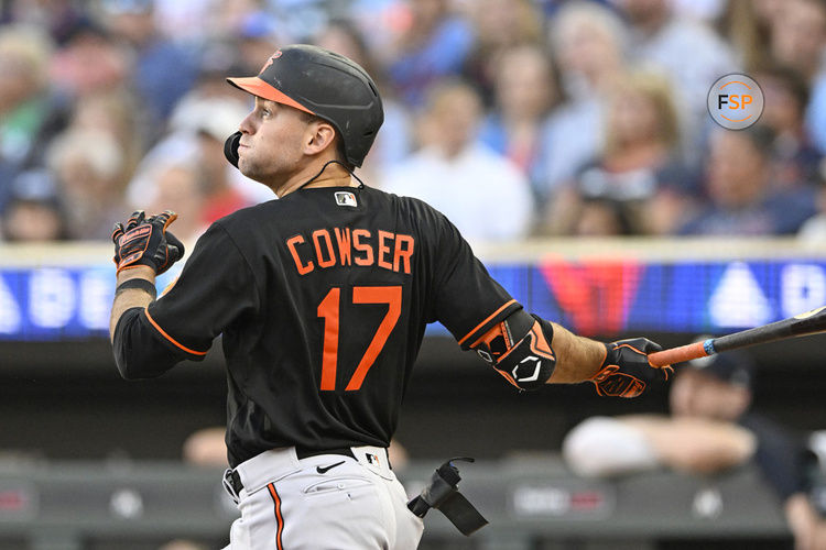 MINNEAPOLIS, MN - JULY 07: Baltimore Orioles Outfield Colton Cowser (17) takes a swing during a MLB game between the Minnesota Twins and Baltimore Orioles on July 7, 2023, at Target Field in Minneapolis, MN.(Photo by Nick Wosika/Icon Sportswire)