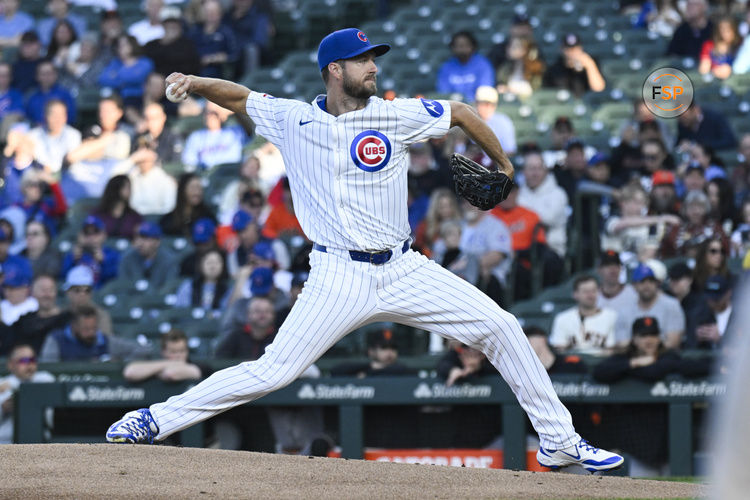 May 6, 2025; Chicago, Illinois, USA;  Chicago Cubs pitcher Colin Rea (53) delivers during the first inning against the San Francisco Giants at Wrigley Field. Credit: Matt Marton-Imagn Images
