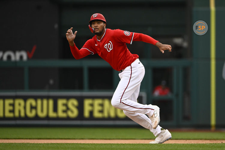 Jun 8, 2025; Washington, District of Columbia, USA; Washington Nationals left fielder James Wood (29) runs to second base against the Texas Rangers during the first inning at Nationals Park. Credit: Brad Mills-Imagn Images