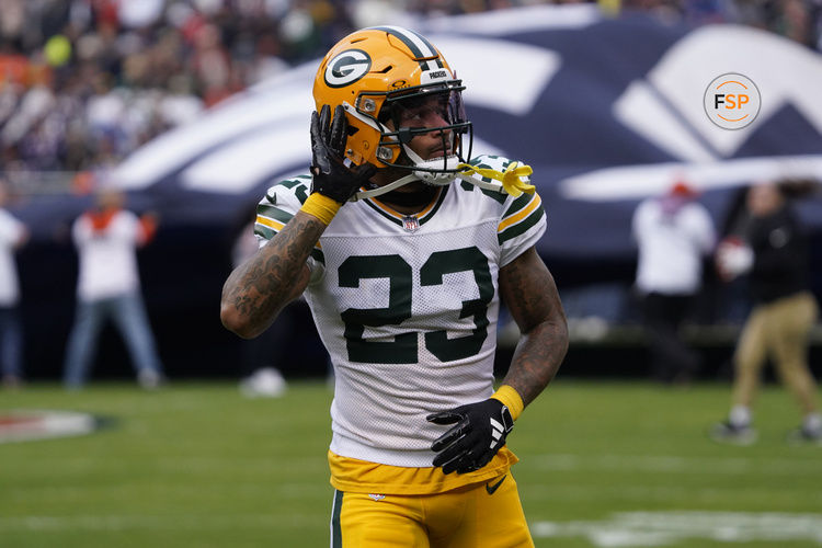 Nov 17, 2024; Chicago, Illinois, USA; Green Bay Packers cornerback Jaire Alexander (23) gestures to the fans before the game against the Chicago Bears at Soldier Field. Credit: David Banks-Imagn Images