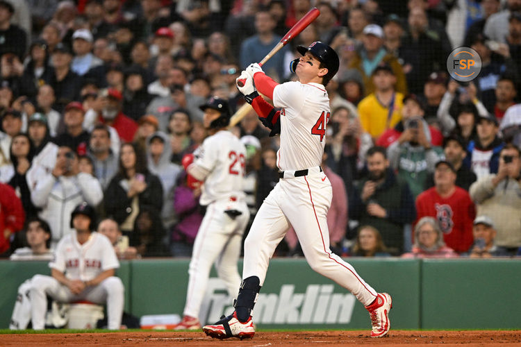 Jun 9, 2025; Boston, Massachusetts, USA; Boston Red Sox right fielder Roman Anthony (48) hits a fly out to left field during the second inning of a game against the Tampa Bay Rays at Fenway Park. Credit: Brian Fluharty-Imagn Images