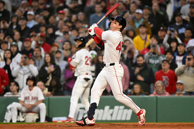 Jun 9, 2025; Boston, Massachusetts, USA; Boston Red Sox right fielder Roman Anthony (48) hits a fly out to left field during the second inning of a game against the Tampa Bay Rays at Fenway Park. Mandatory Credit: Brian Fluharty-Imagn Images