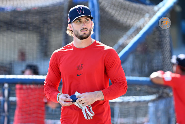 Mar 14, 2025; North Port, Florida, USA; Washington Nationals right fielder Dylan Crews (3) warms up  before the start of the game against the Atlanta Braves during spring training at CoolToday Park. Credit: Jonathan Dyer-Imagn Images