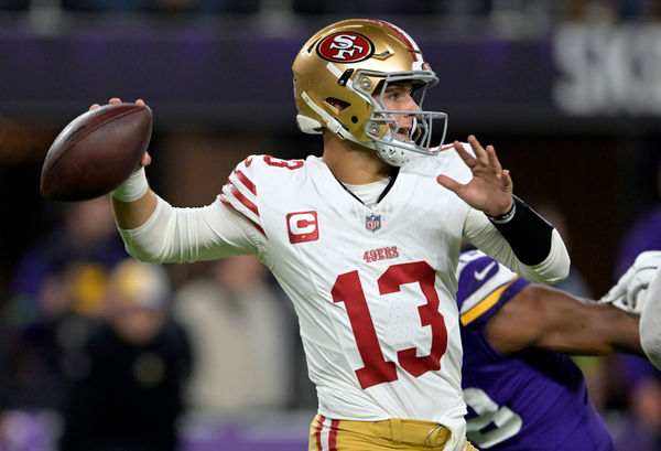 MINNEAPOLIS, MN - OCTOBER 23: San Francisco 49ers quarterback Brock Purdy (13) throws a pass during the second quarter of an NFL game between the Minnesota Vikings and San Francisco 49ers on October 23, 2023, at U.S. Bank Stadium in Minneapolis, MN.(Photo by Nick Wosika/Icon Sportswire)
