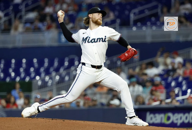 May 2, 2026; Miami, Florida, USA;  Miami Marlins starting pitcher Max Meyer (23) throws against the Philadelphia Phillies during the first inning at loanDepot Park. Credit: Rhona Wise-Imagn Images