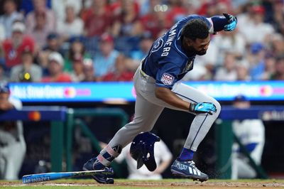 Jul 14, 2026; Philadelphia, Pennsylvania, USA; Tampa Bay Rays third baseman Junior Caminero (13) is hit by a pitch during the third inning for the All-Star Game at Citizens Bank Park. Mandatory Credit: Kyle Ross-Imagn Images